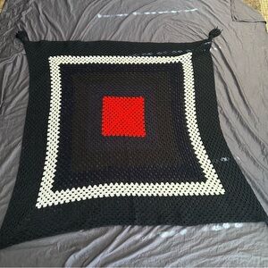 Vintage Handmade Crocheted Afghan Blanket w Square in a Square Red Black Design